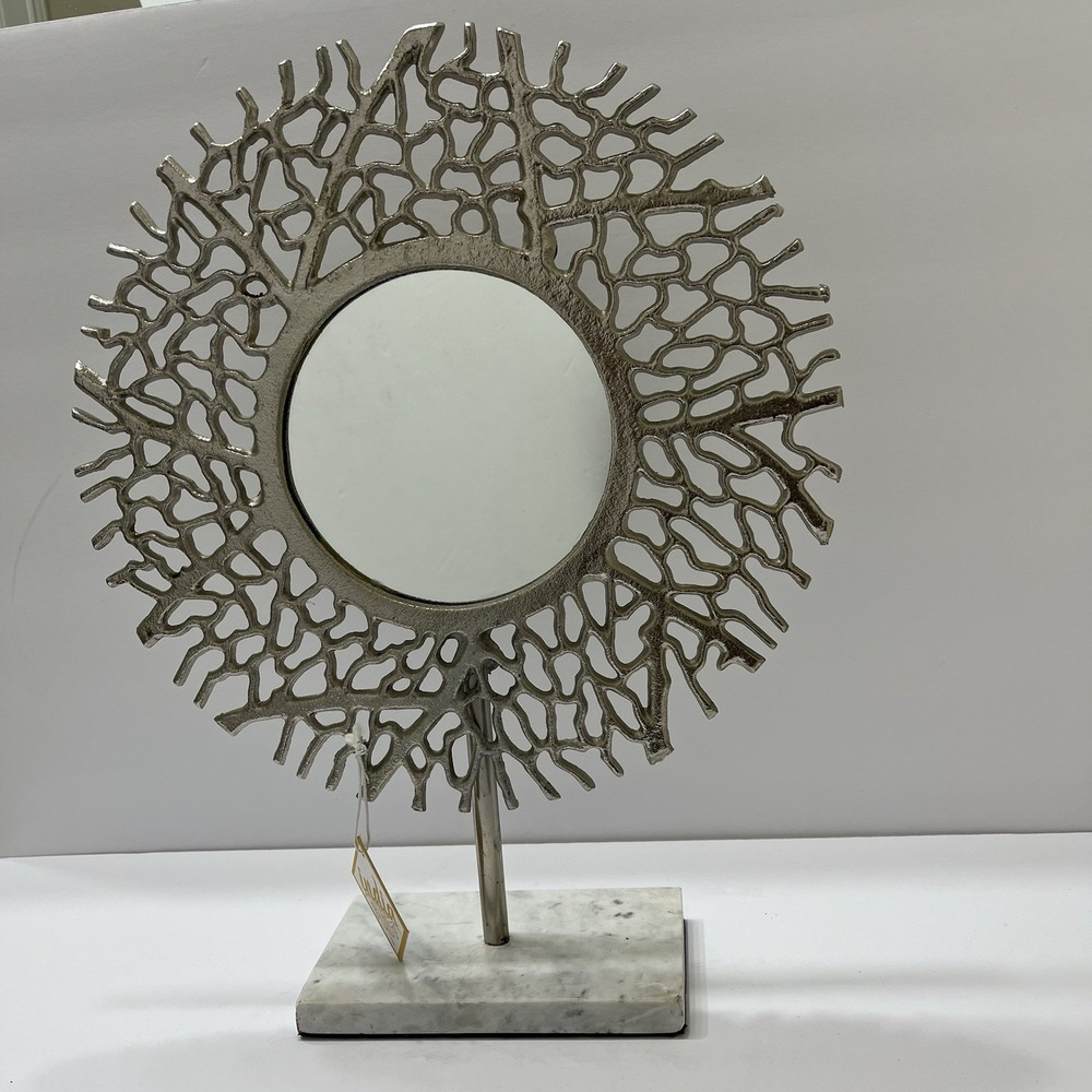 Silver Coral Tabletop Mirror Metal White Marble Base 17x14"